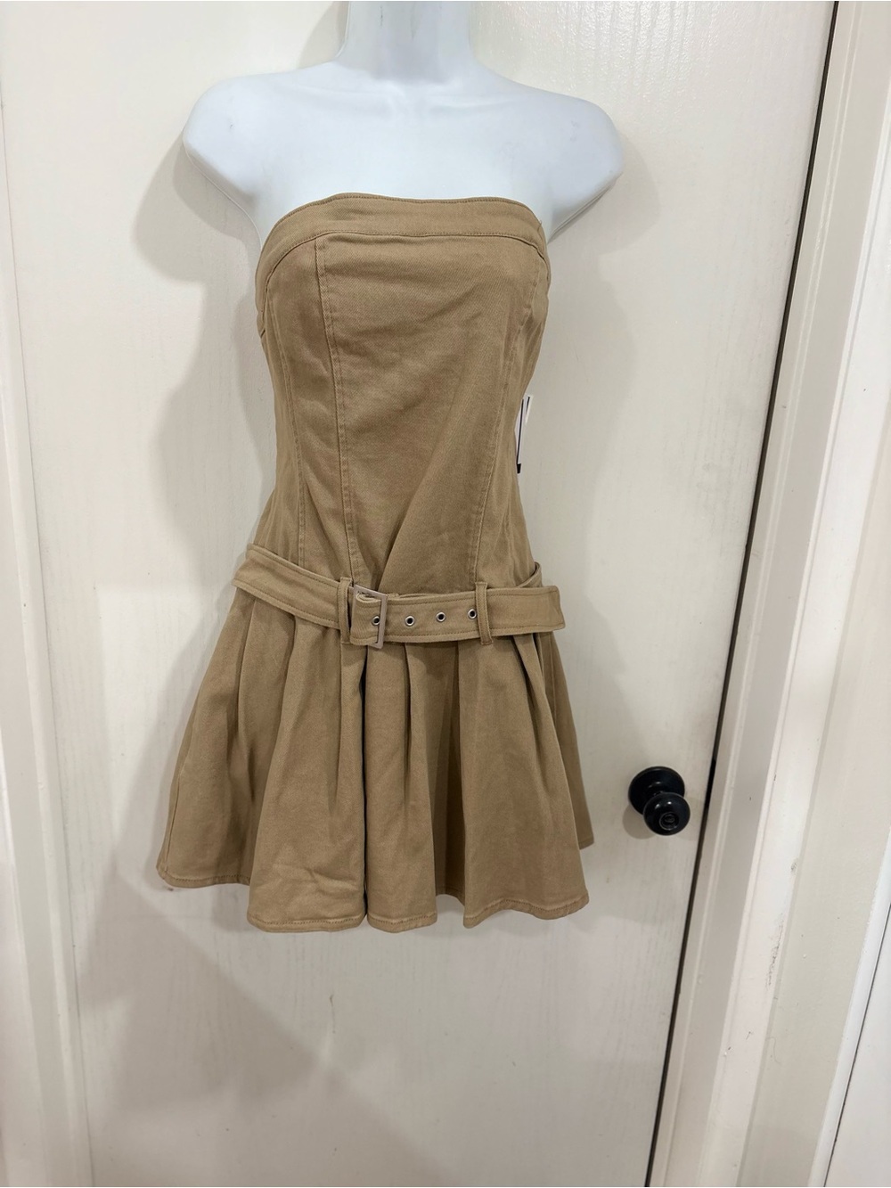 Strapless country western festive Belted Mini Dress in Tan